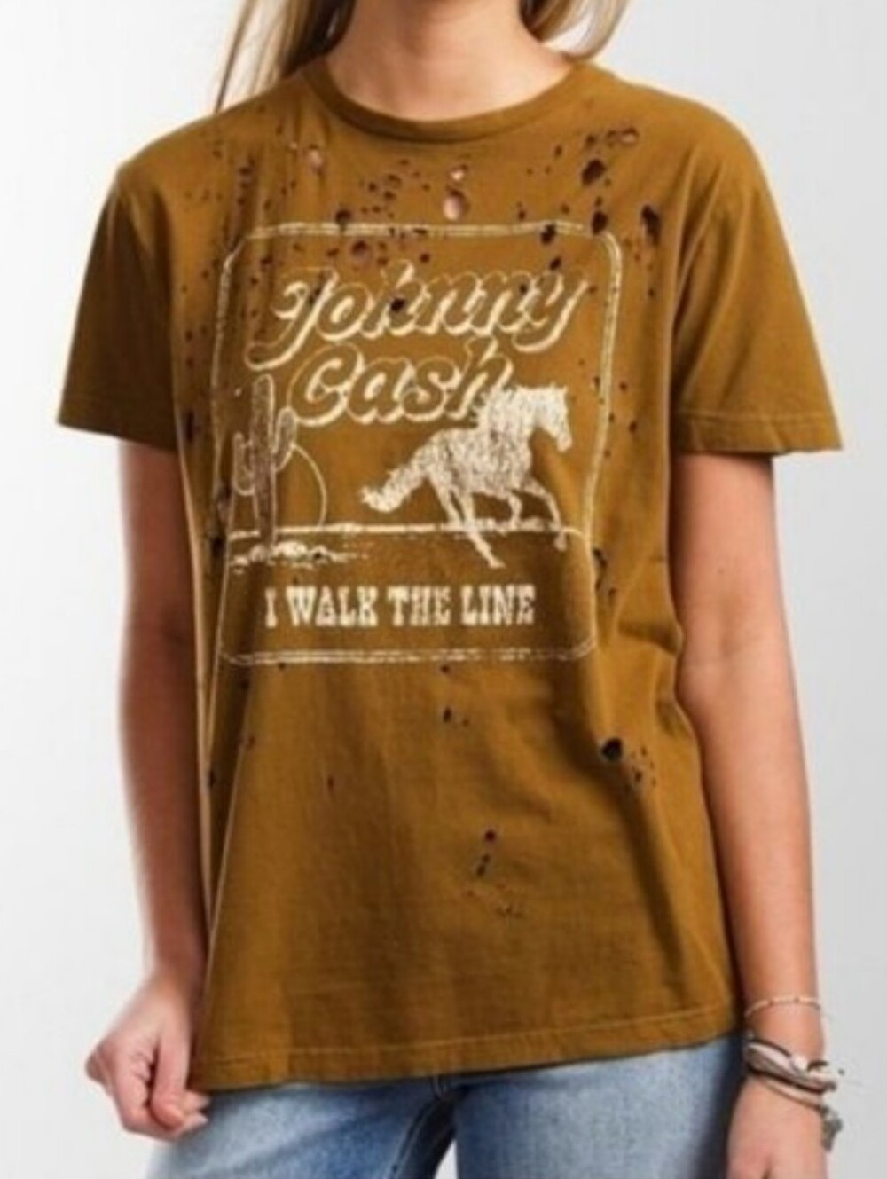 Johnny Cash Distressed Graphic T-shirt Size Medium New Buckle Band Tee 70s